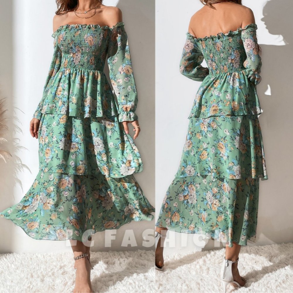 Boho Floral Dress,Off The Shoulder Shirred Layered Long Sleeve Hem Summer Dress